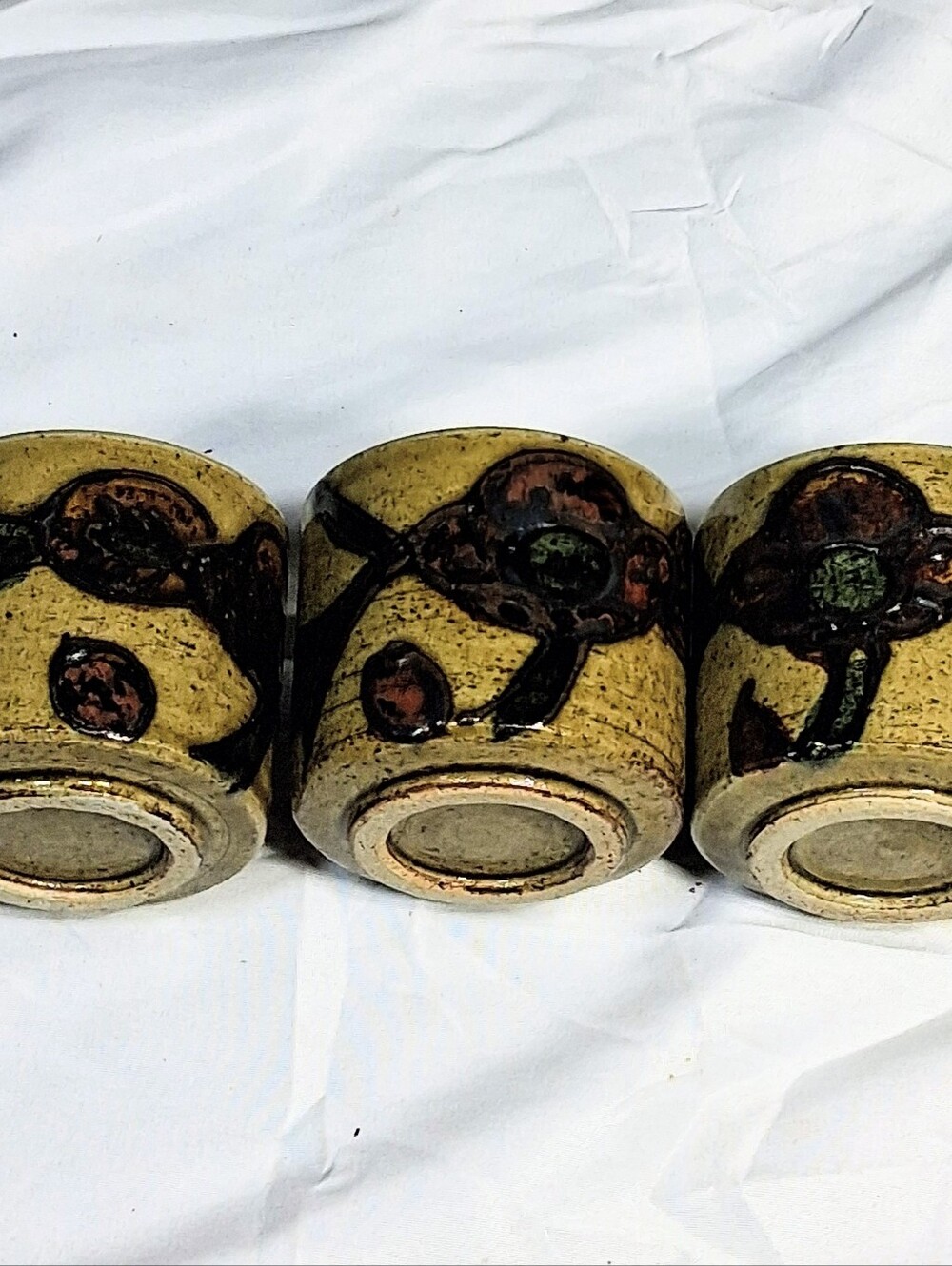Set Of 3 Japanese Otagiri Sake/Tea/Candle Motives Stoneware Clay Cups 2.5"x2.5" - Picture 8 of 9